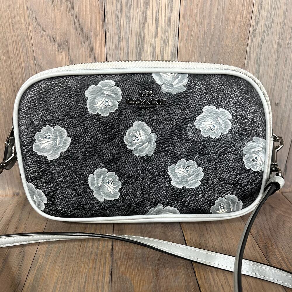 Coach Signature Rose Print Double Zip Crossbody Wristlet Bag Charcoal Sky 31855